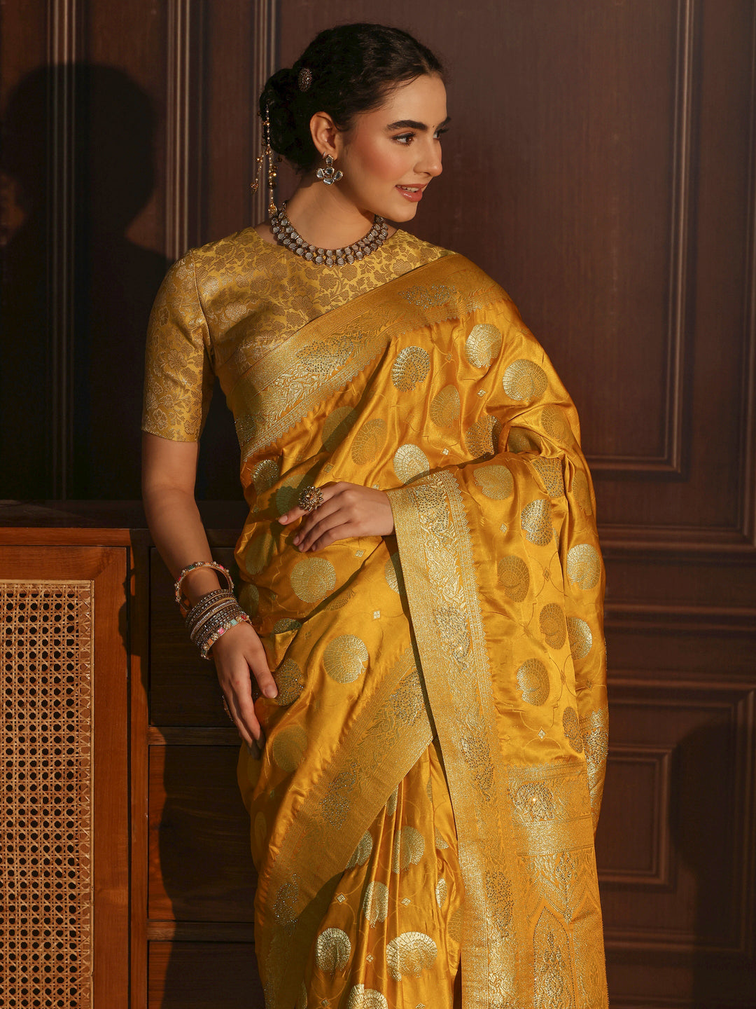 Libas Mustard Ethnic Woven Design Satin Saree with Stone Work