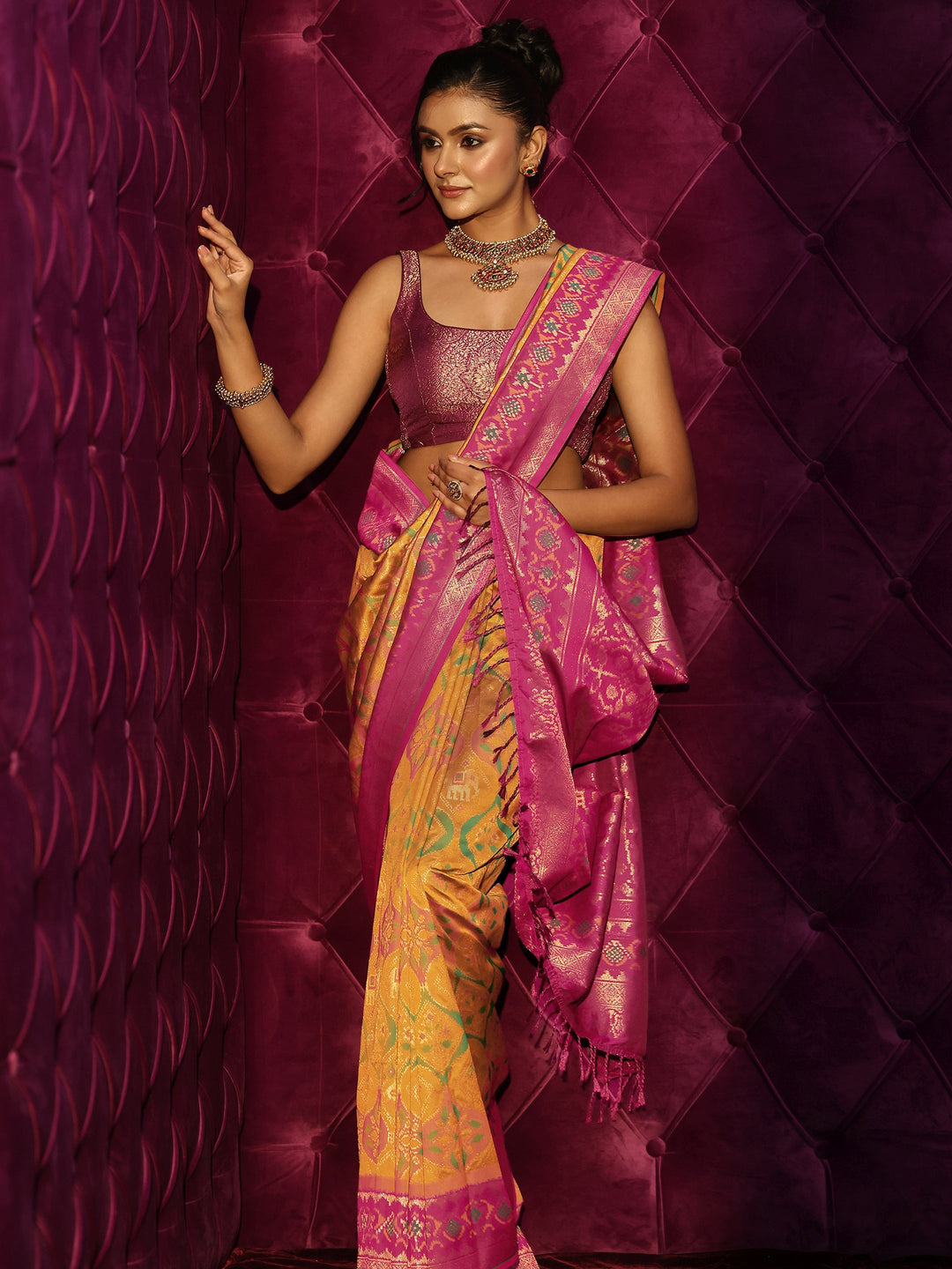 Libas Mustard Ethnic Woven Design Silk Blend Saree