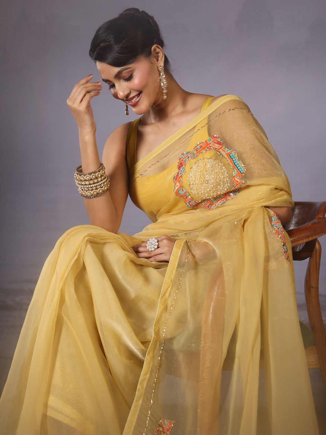 Libas Mustard Floral Applique Embellished Tissue Saree