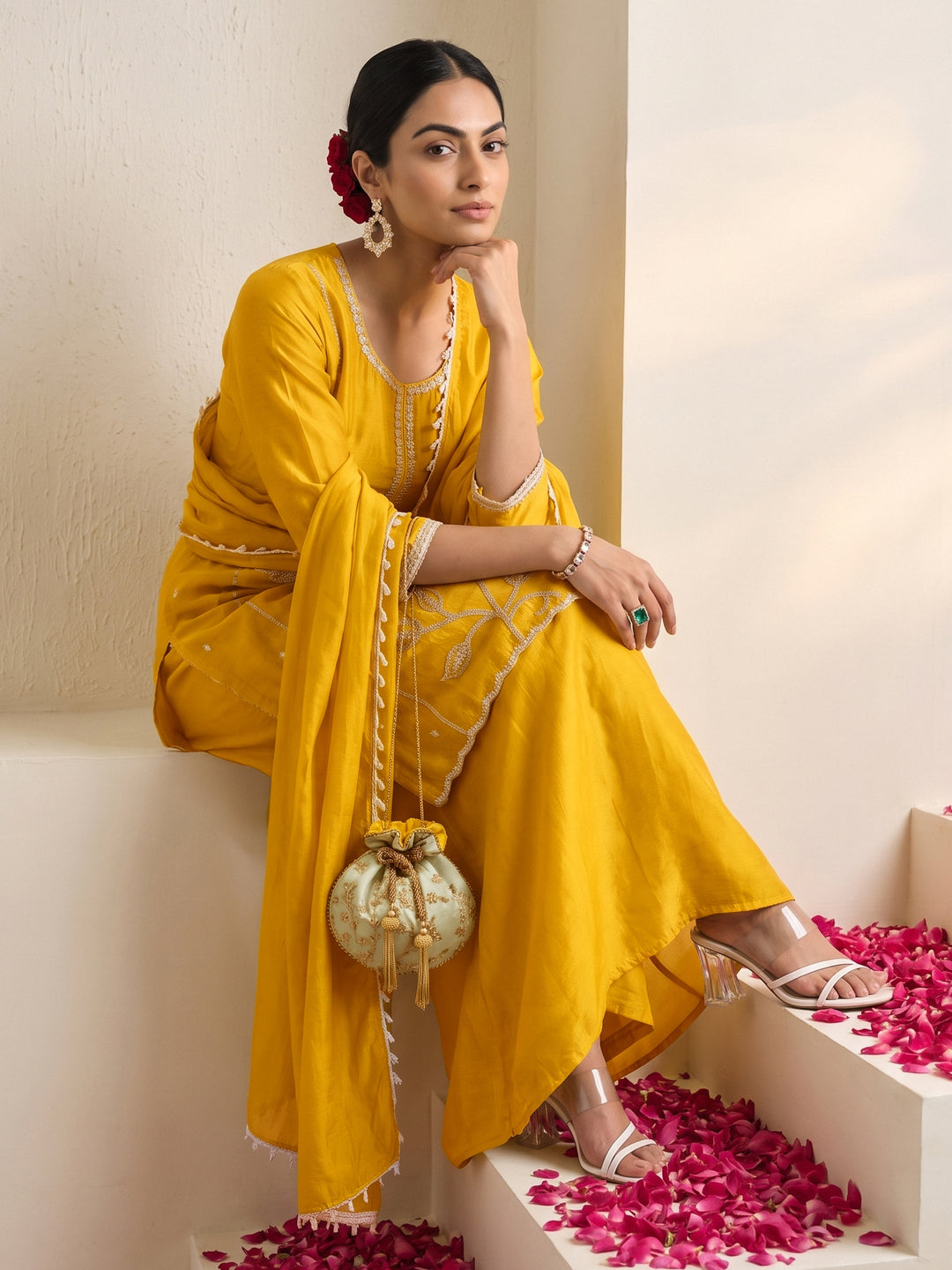 Libas Mustard Floral Embellished Chinon Palazzo Suit Set