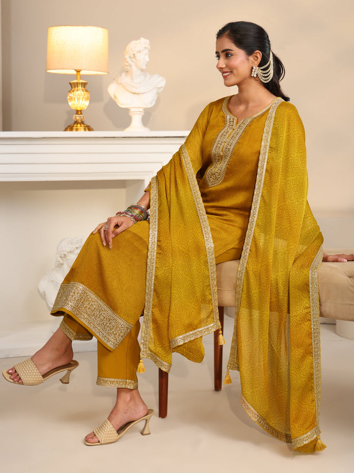Libas Mustard Floral Embellished Chinon Straight Suit Set