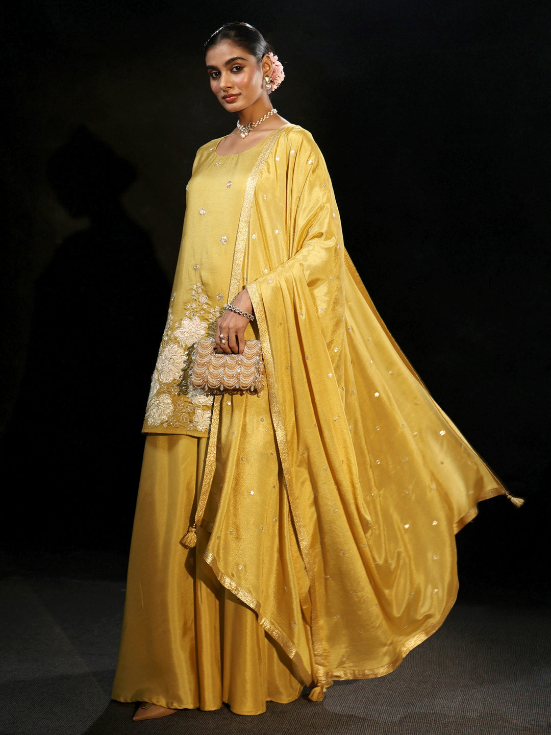 Libas Mustard Floral Embellished Silk Blend Palazzo Suit Set