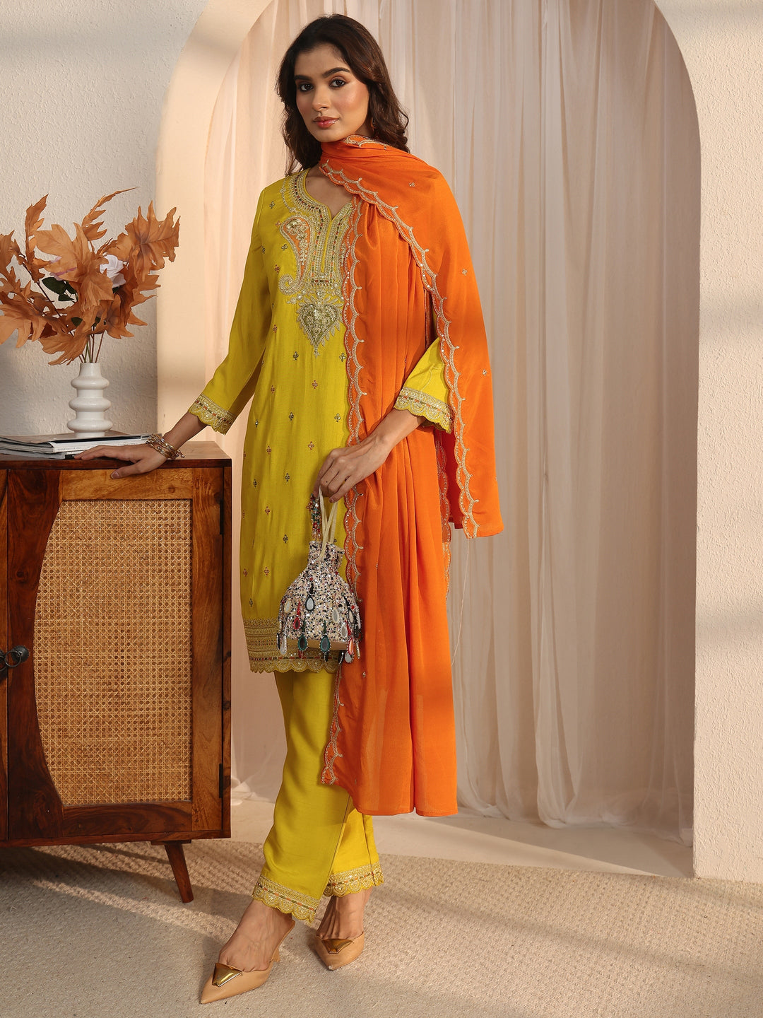 Libas Mustard Floral Embellished Silk Blend Straight Suit Set