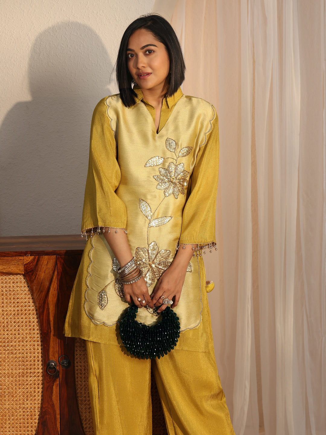 Libas Mustard Floral Embellished Tissue Bib Style Co-Ord Set