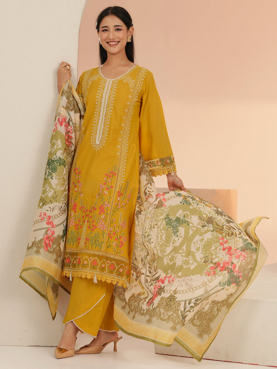 Libas Mustard Floral Embridered Cotton Straight Suit Set