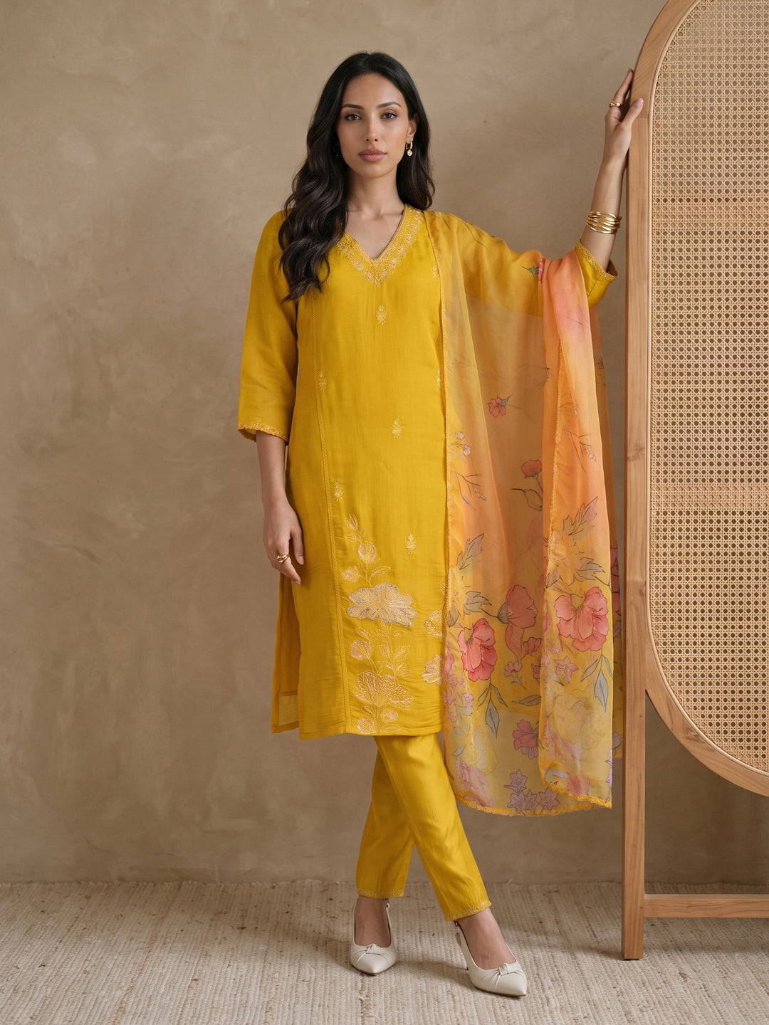 Libas Mustard Floral Embroidered Chanderi Silk Straight Suit Set