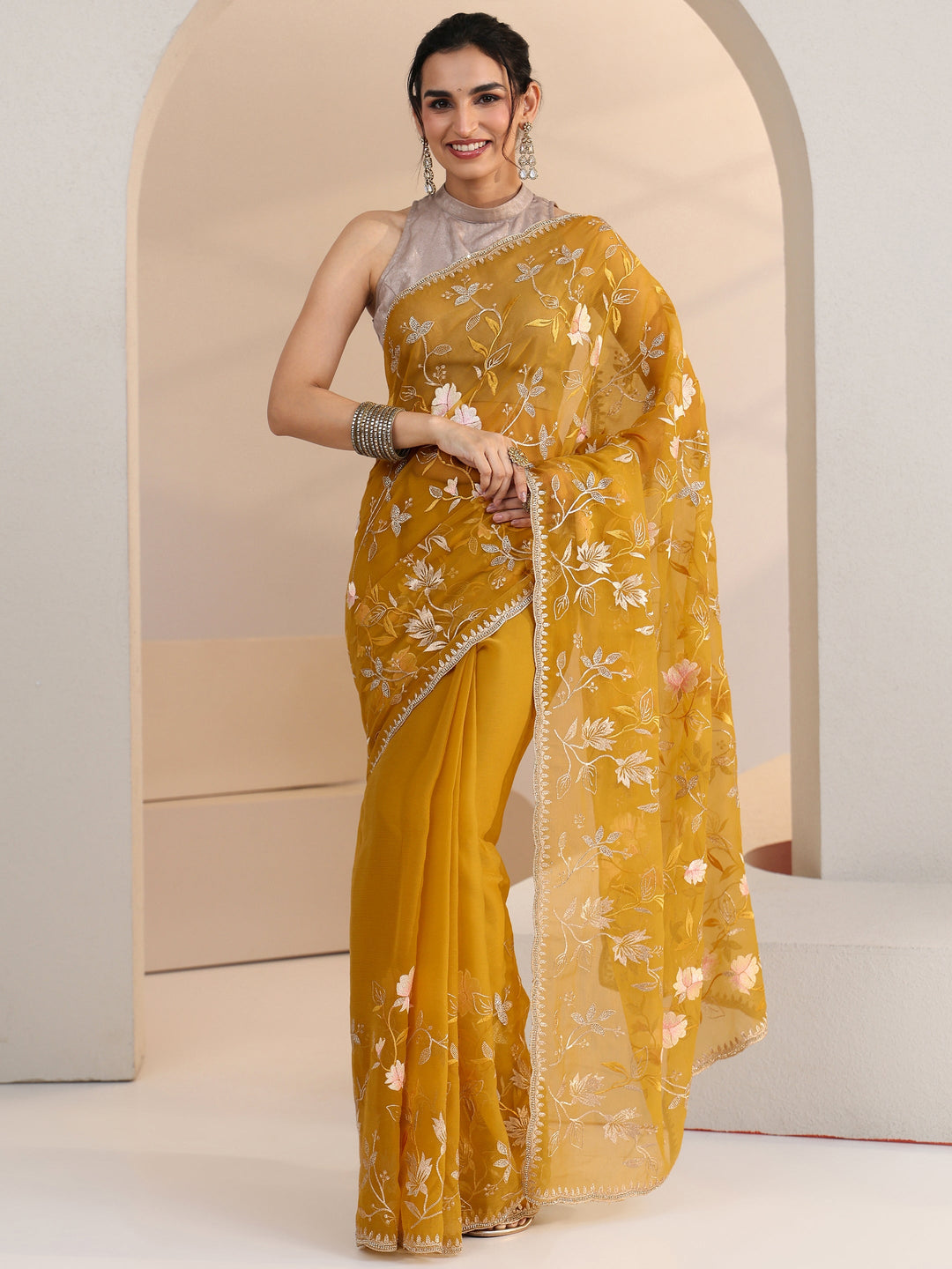 Libas Mustard Floral Embroidered Chiffon Saree