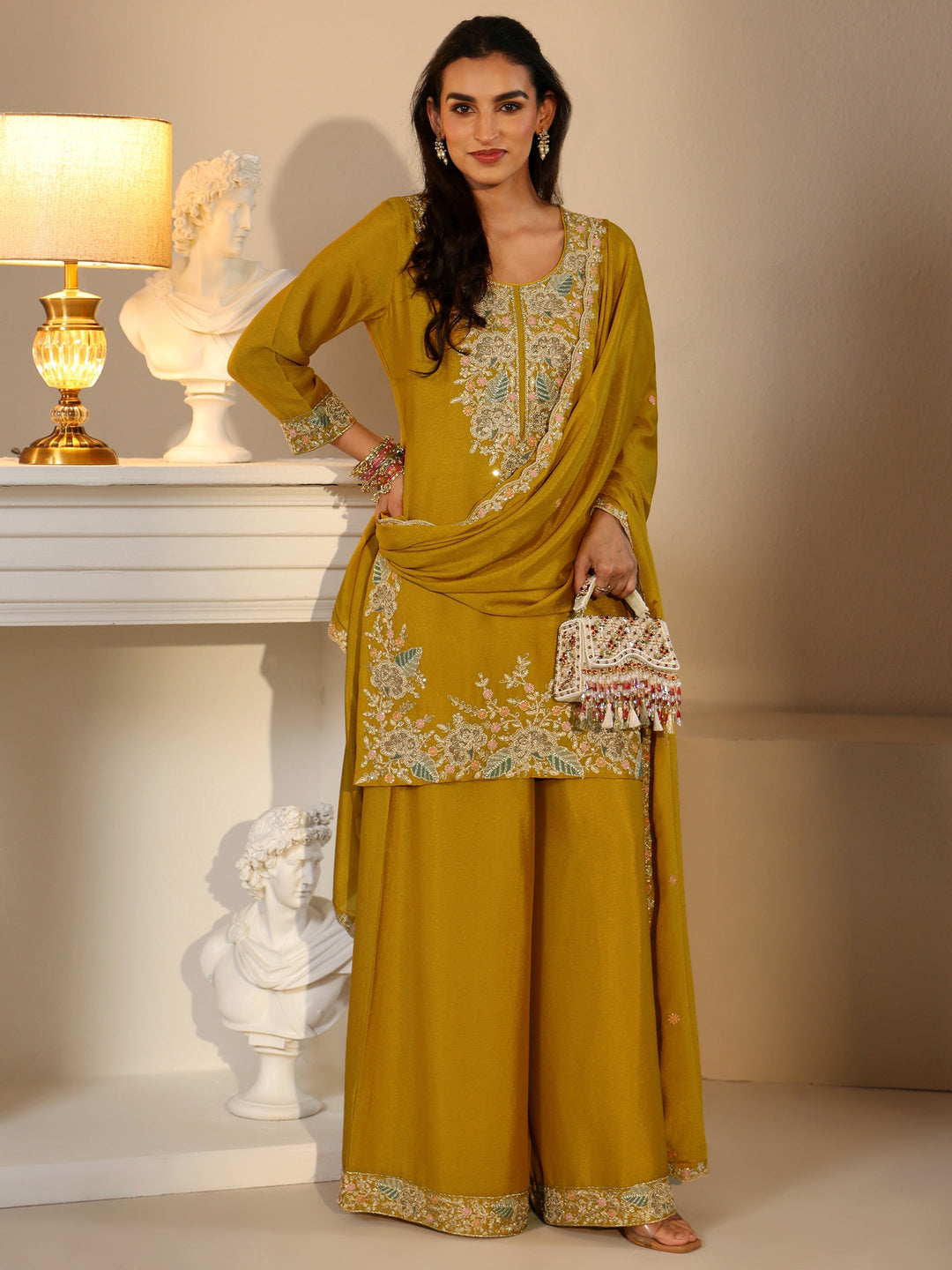 Libas Mustard Floral Embroidered Chinon Straight Suit Set