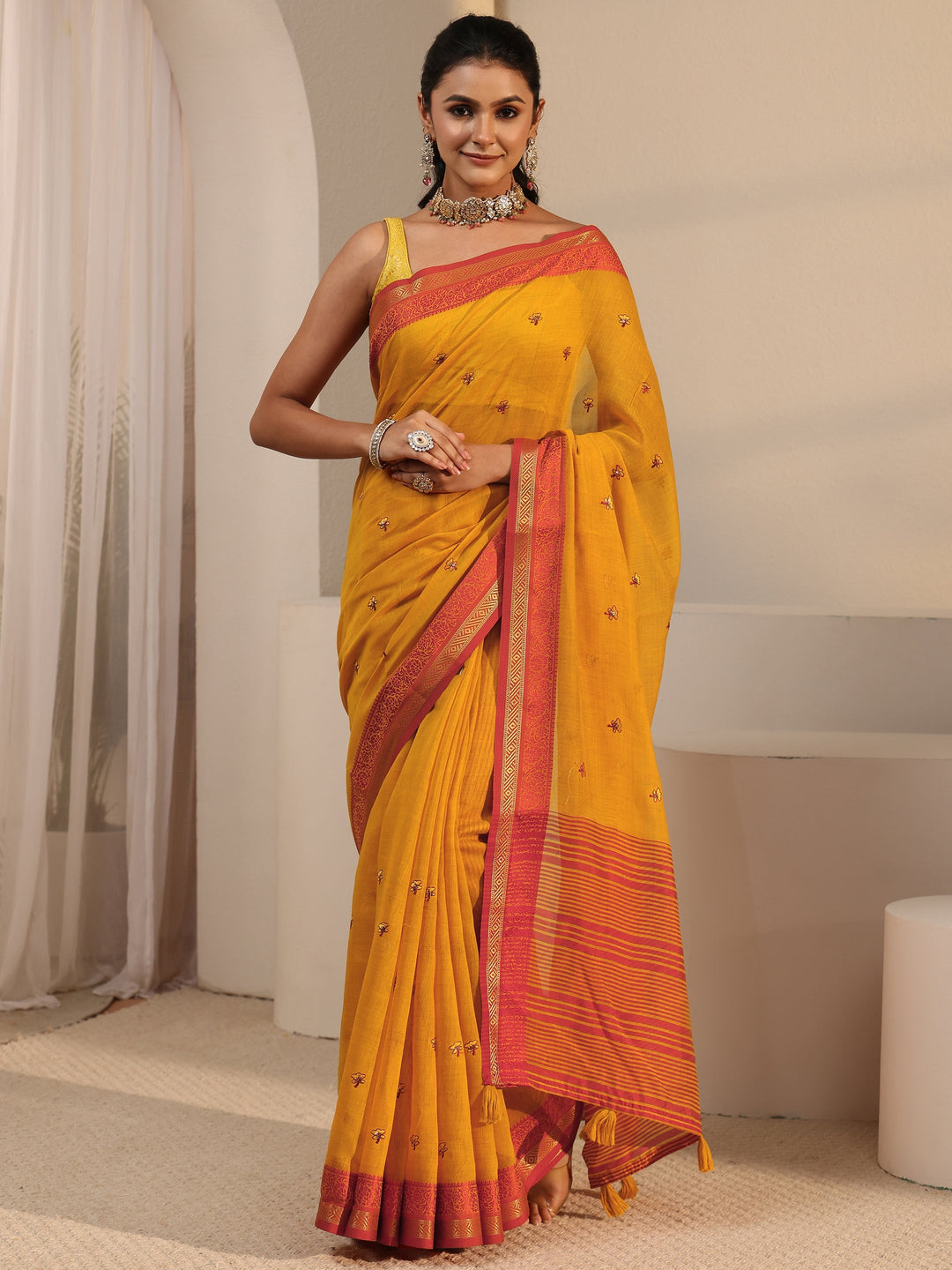 Libas Mustard Floral Embroidered Cotton Blend Tassel Saree