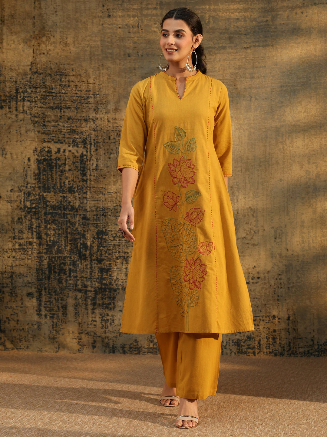 Libas Mustard Floral Embroidered Cotton Co-Ord Set