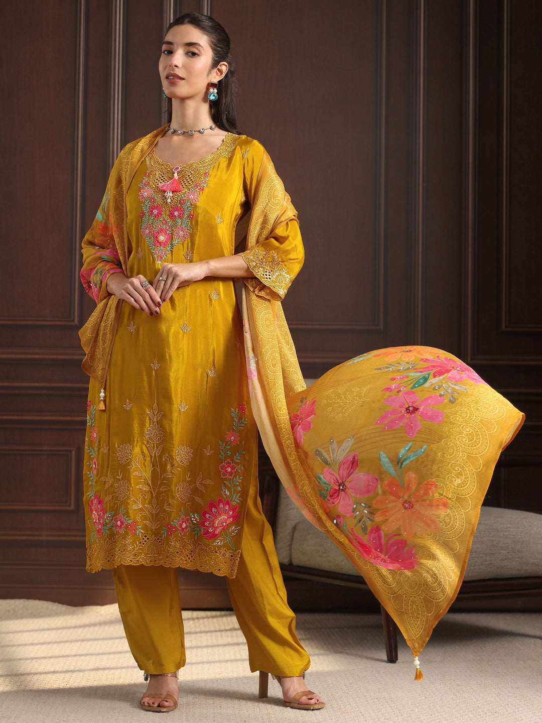 Libas Mustard  Floral Embroidered Crepe Straight Suit Set