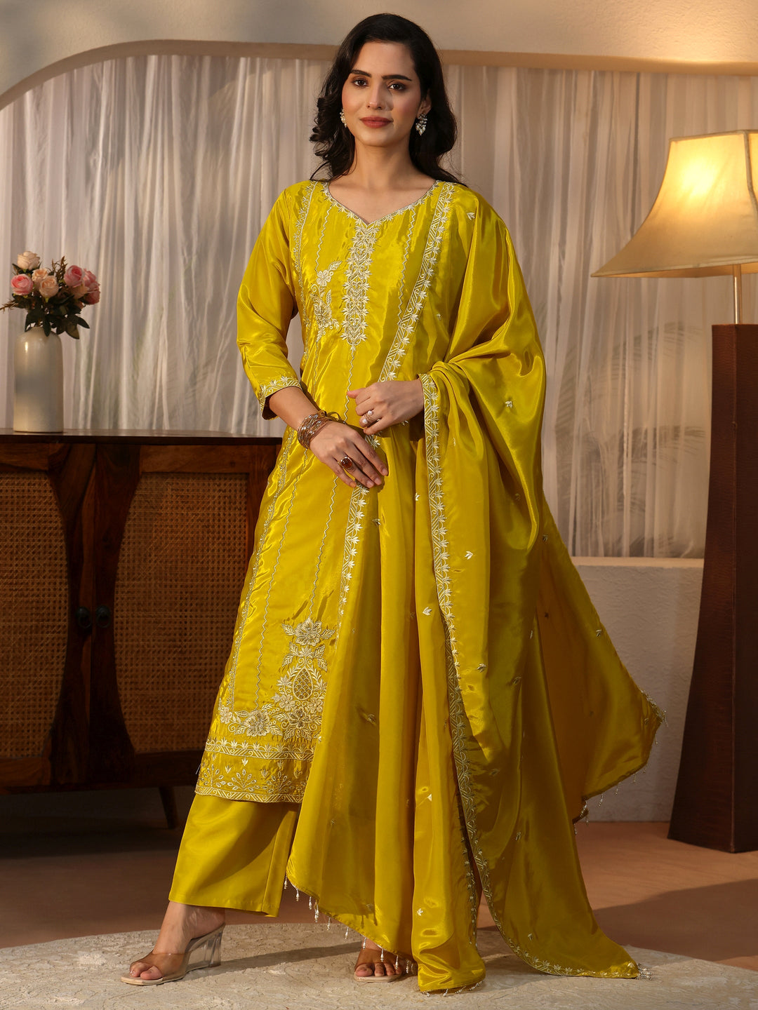 Libas Mustard Floral Embroidered Crepe Straight Suit Set