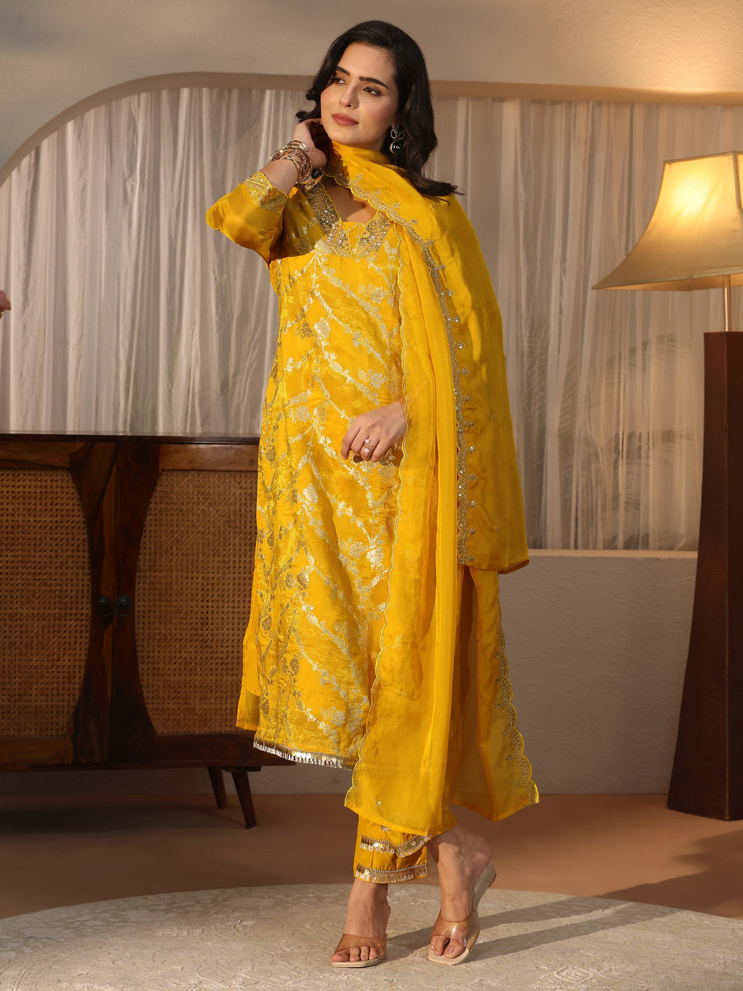 Libas Mustard Floral Embroidered Organza Straight Suit Set