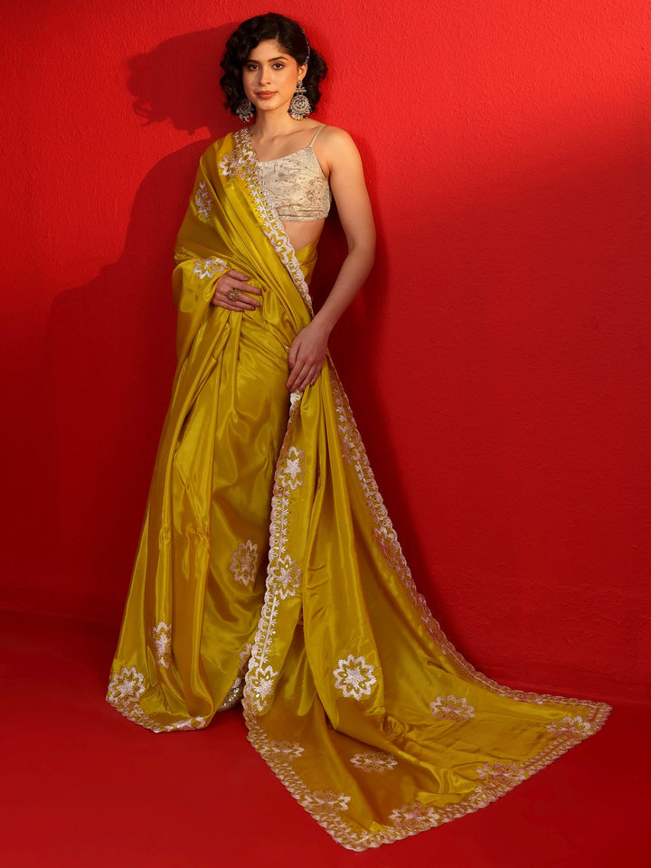 Libas Mustard Floral Embroidered Sequinned Satin Saree