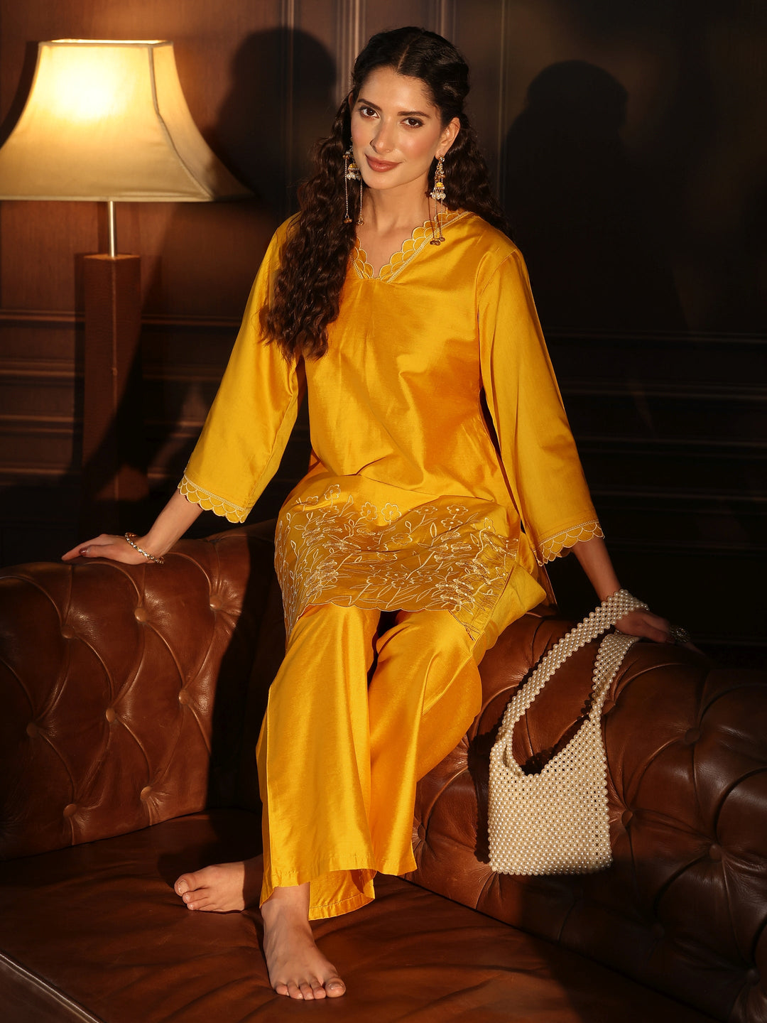 Libas Mustard Floral Embroidered Silk Blend Co-Ord Set