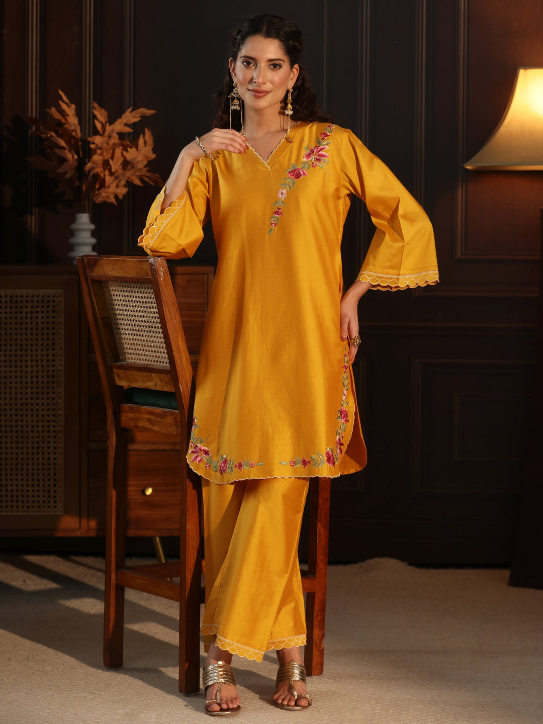 Libas Mustard Floral Embroidered Silk Blend Co-Ord Set