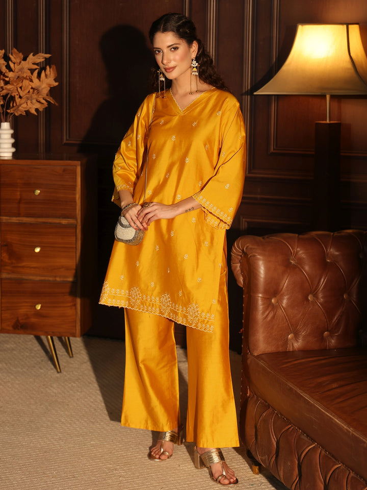 Libas Mustard Floral Embroidered Silk Blend Co-Ord Set
