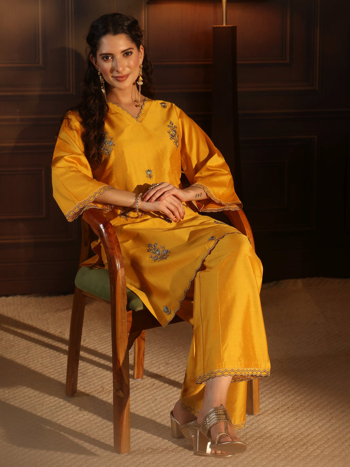 Libas Mustard Floral Embroidered Silk Blend Co-Ord Set