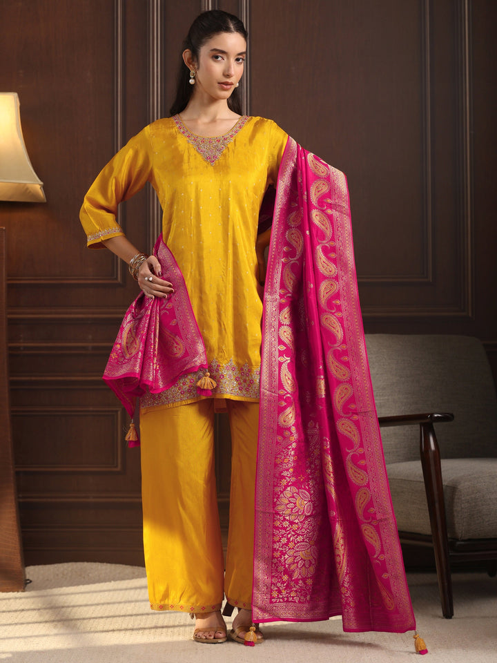 Libas  Mustard Floral Embroidered Silk Blend Palazzo Suit Set