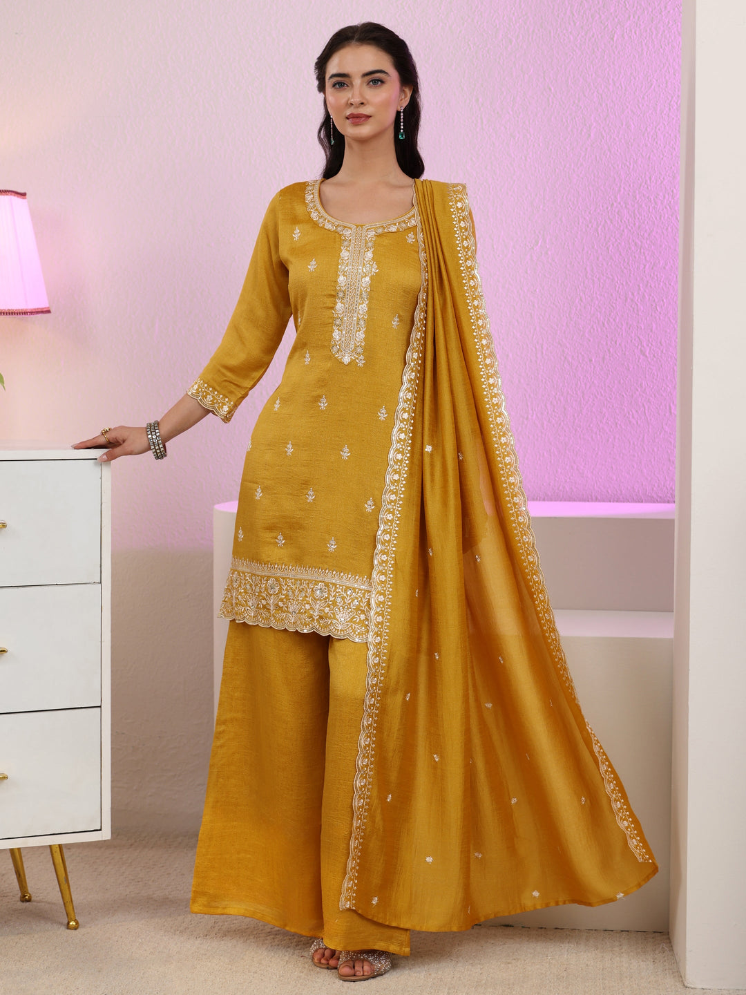 Libas Mustard Floral Embroidered Silk Blend Palazzo Suit Set