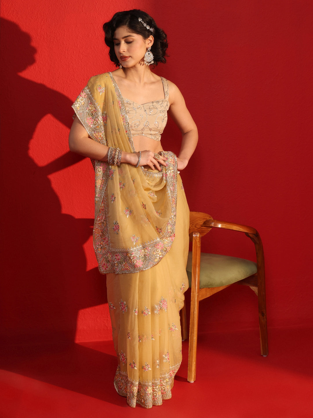 Libas Mustard Floral Embroidered Stone Work Organza Saree