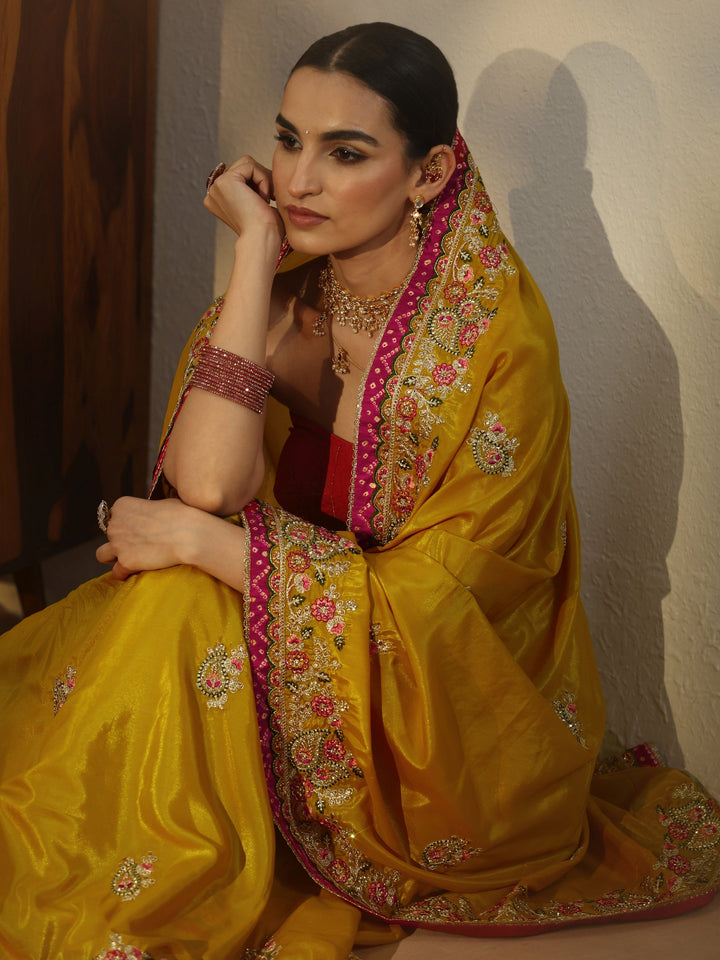 Libas Mustard Floral Embroidered Tissue Saree