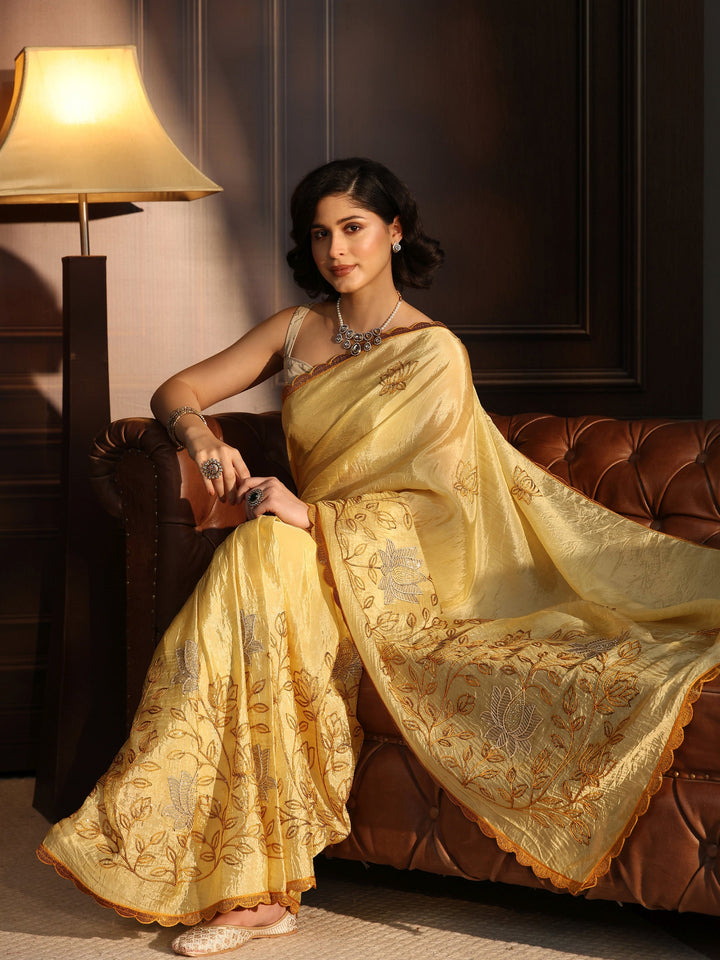 Libas Mustard Floral Embroidered Tissue Saree