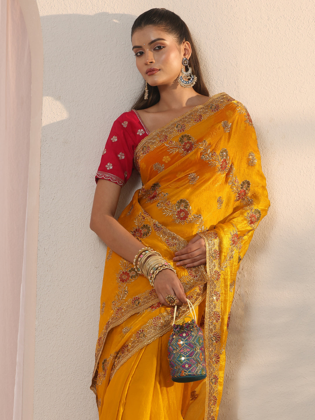 Libas Mustard Floral Embroidered Tissue Saree