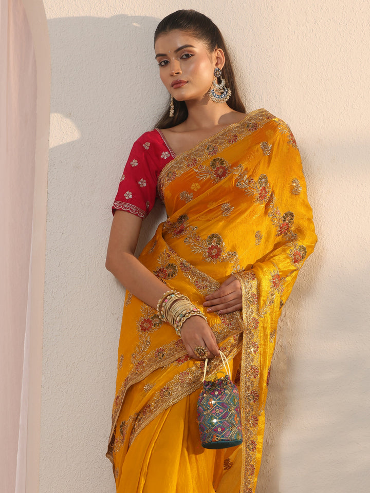 Libas Mustard Floral Embroidered Tissue Saree