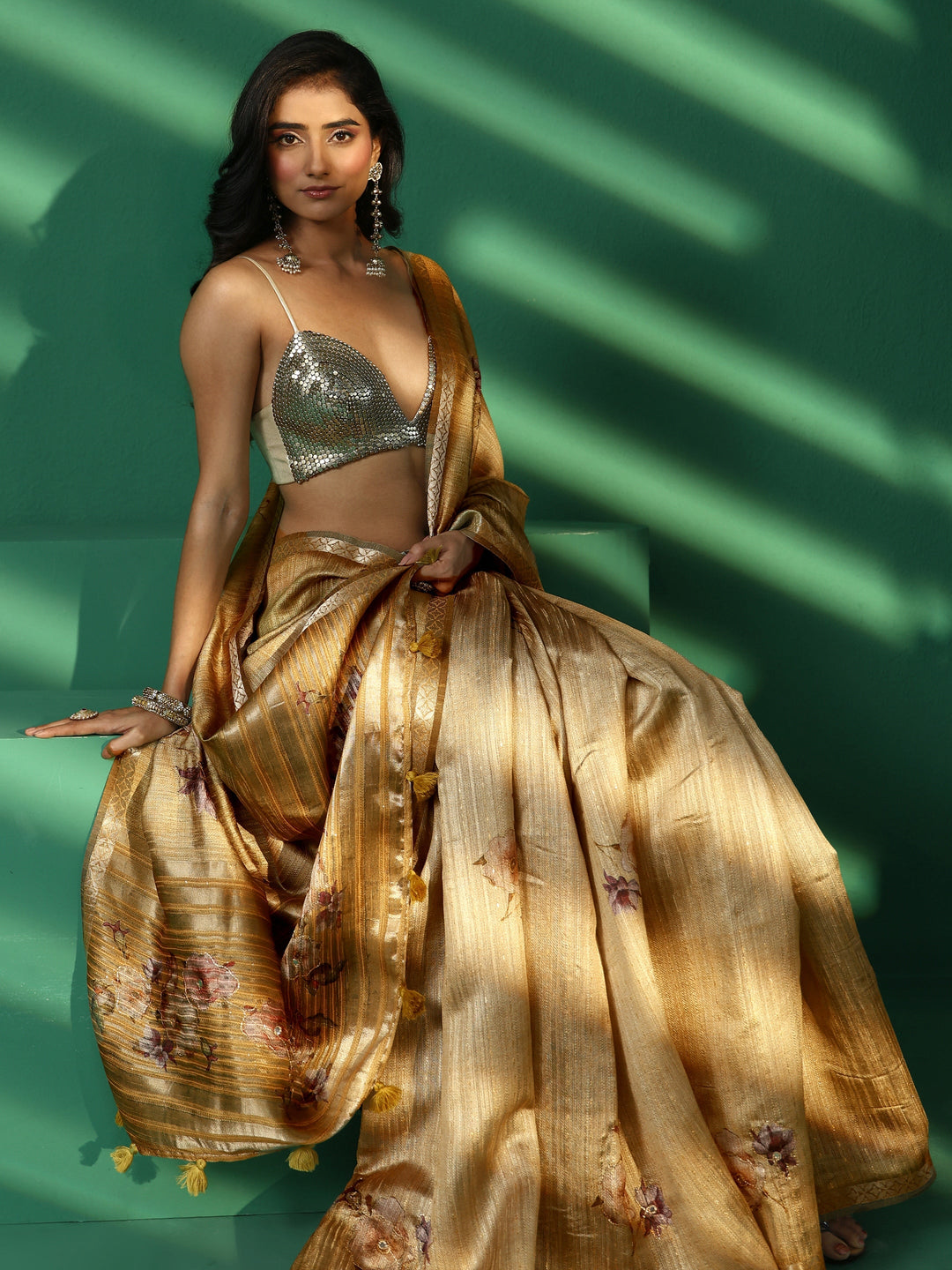 Libas Mustard Floral Print Silk Blend Saree