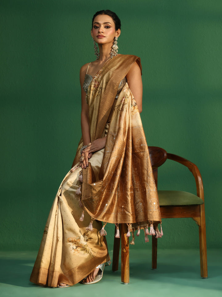 Libas Mustard Floral Print Silk Blend Saree with Embellished Border