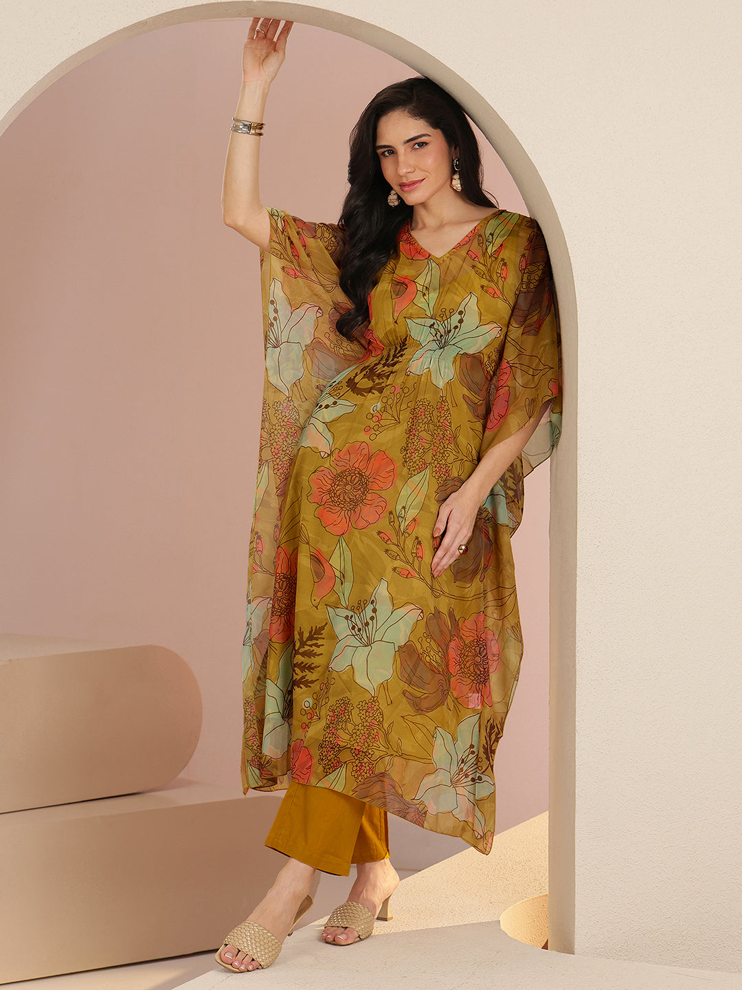 Libas Mustard Floral Printed 3 Piece Chiffon Kaftan Kurta Set