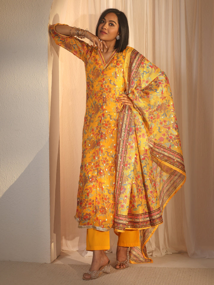 Libas Mustard Floral Printed Chiffon Anarkali Suit Set