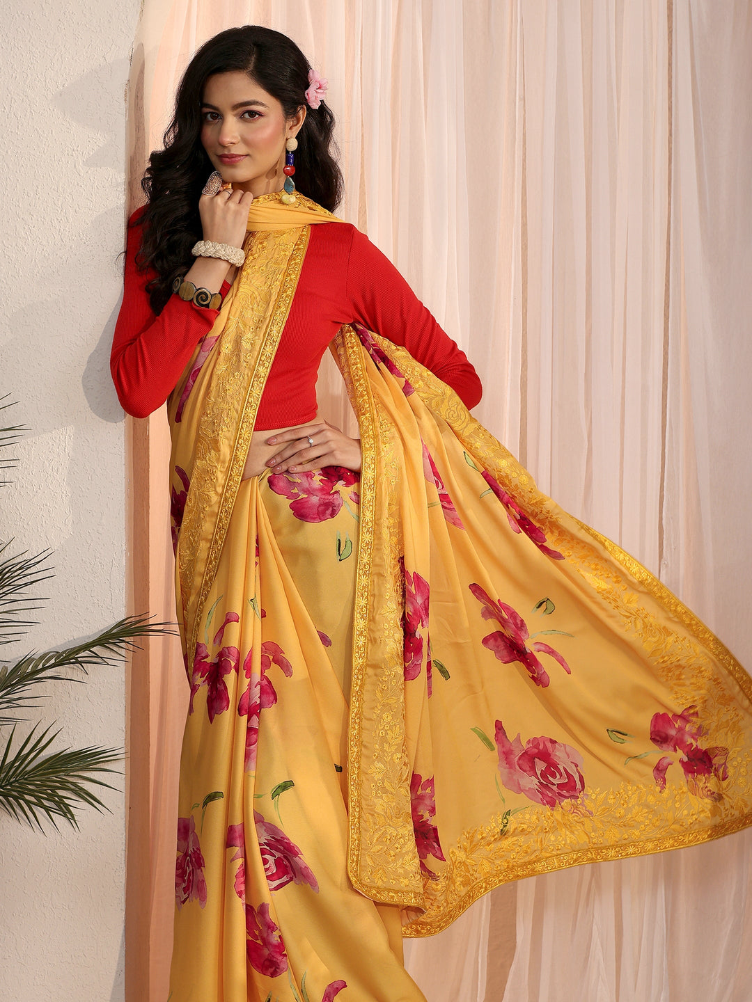Libas Mustard Floral Printed Chiffon Saree with Embroidered Border