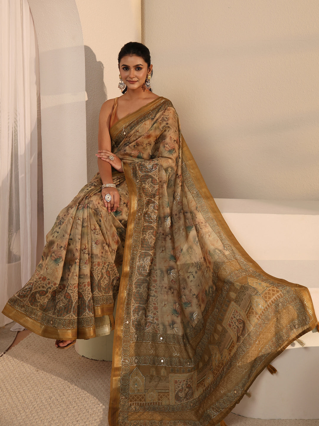 Libas Mustard Floral Printed Cotton Blend Saree