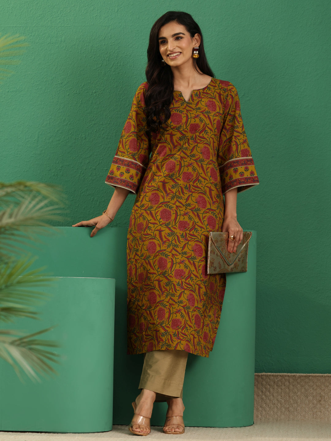 Libas Mustard Floral Printed Cotton Straight Kurta
