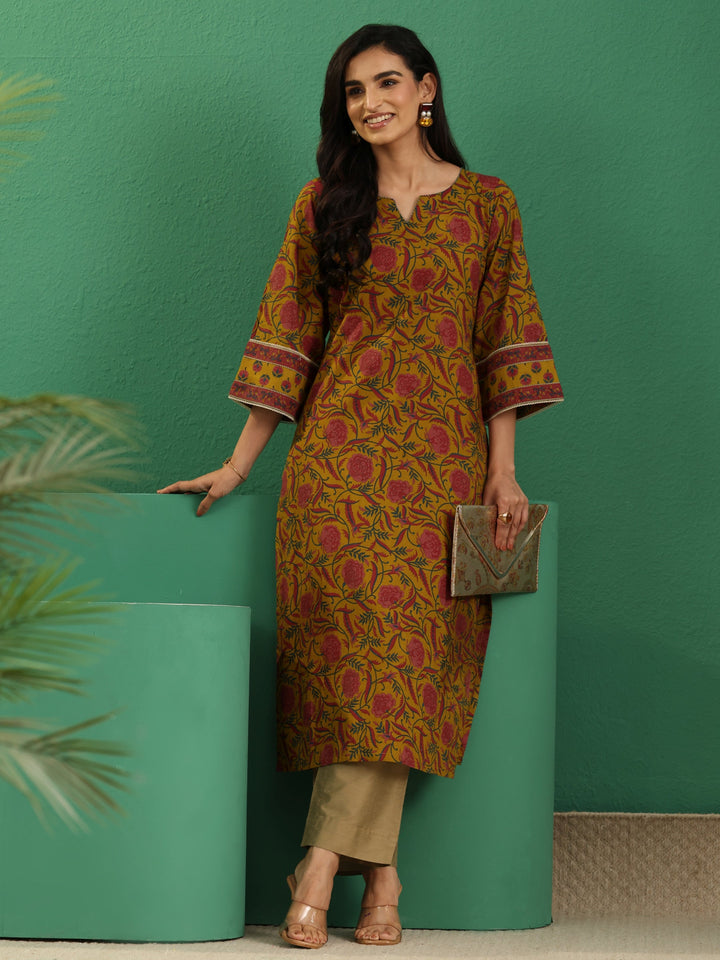 Libas Mustard Floral Printed Cotton Straight Kurta