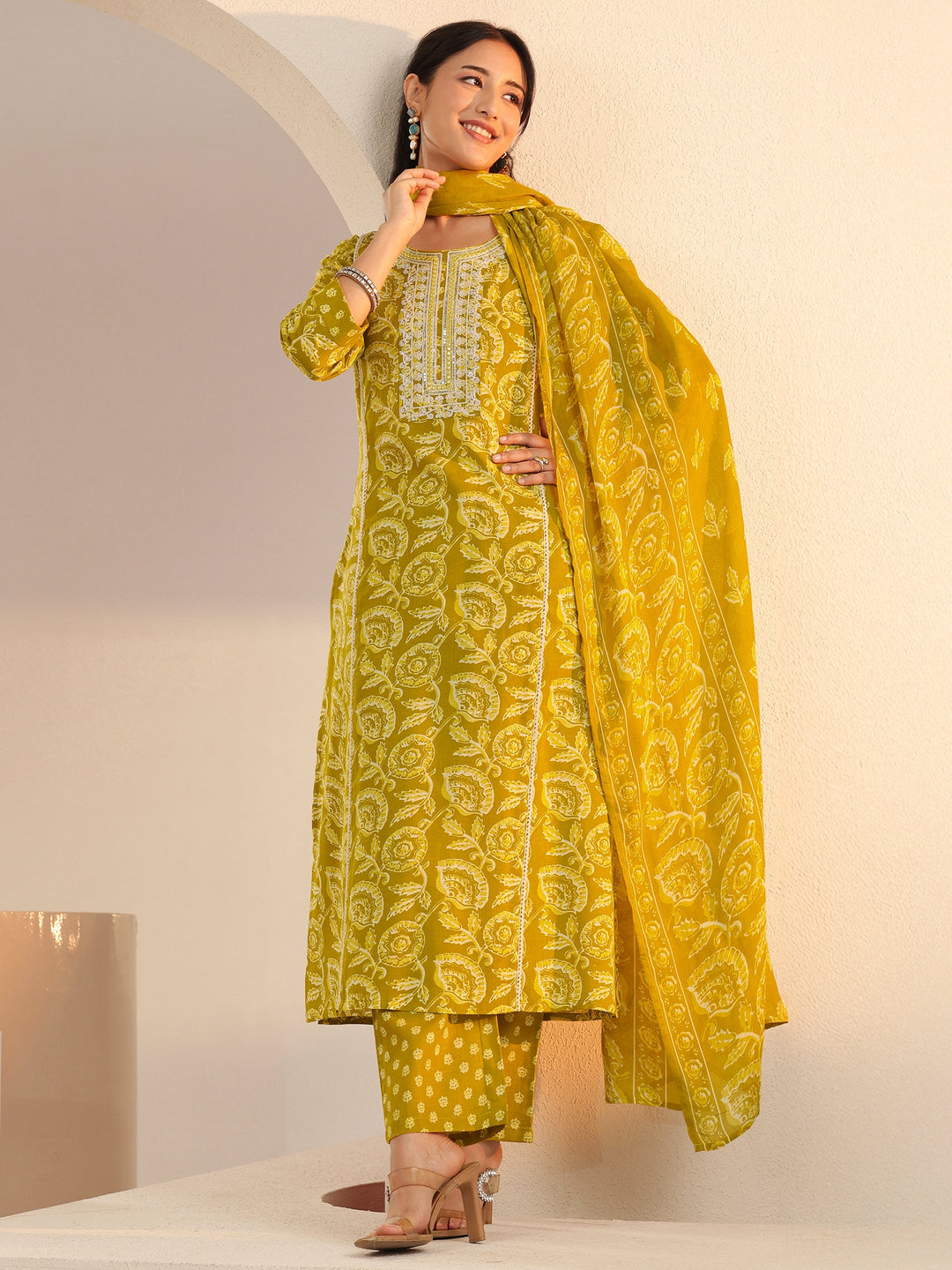 Libas Mustard Floral Printed Cotton Straight Suit Set
