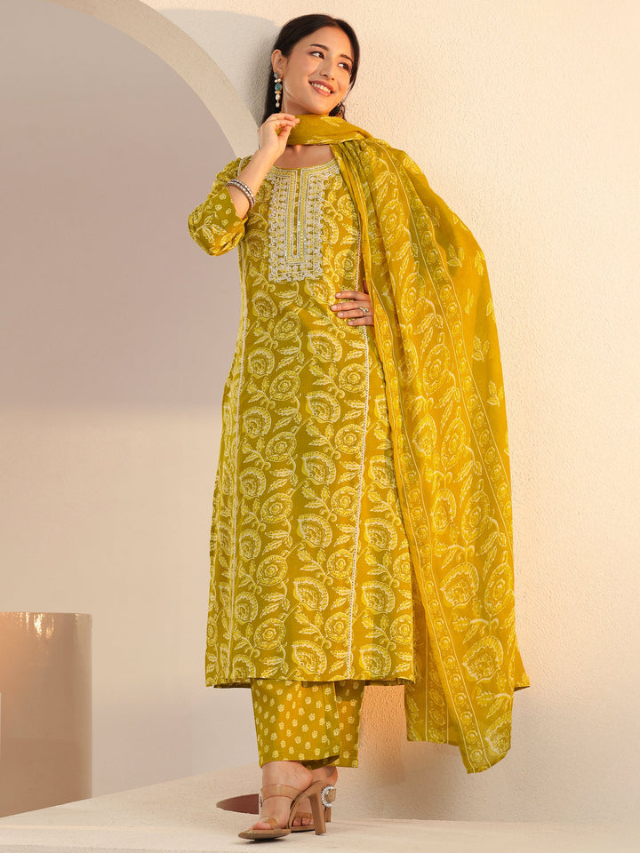 Libas Mustard Floral Printed Cotton Straight Suit Set