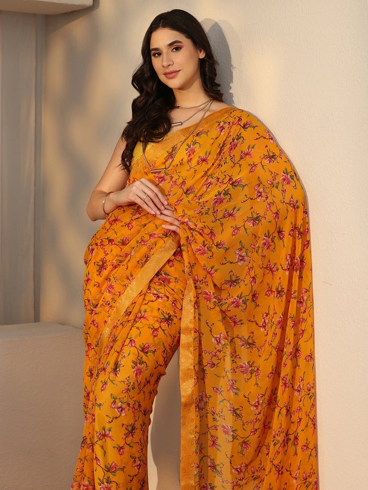 Libas Mustard Floral Printed Georgette Saree