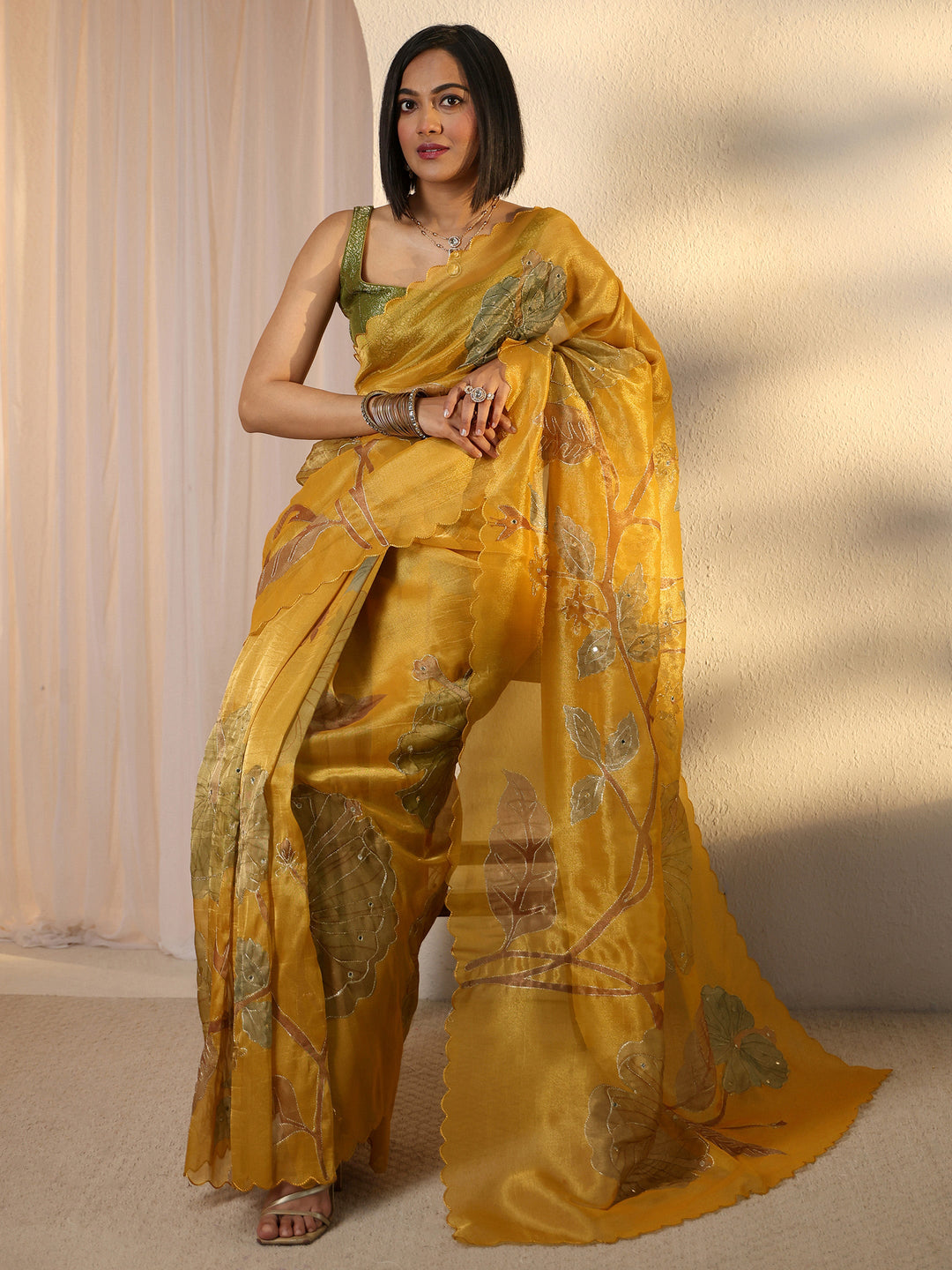 Libas Mustard Floral Printed Mirror Work Silk Blend Saree with Scalloped Border
