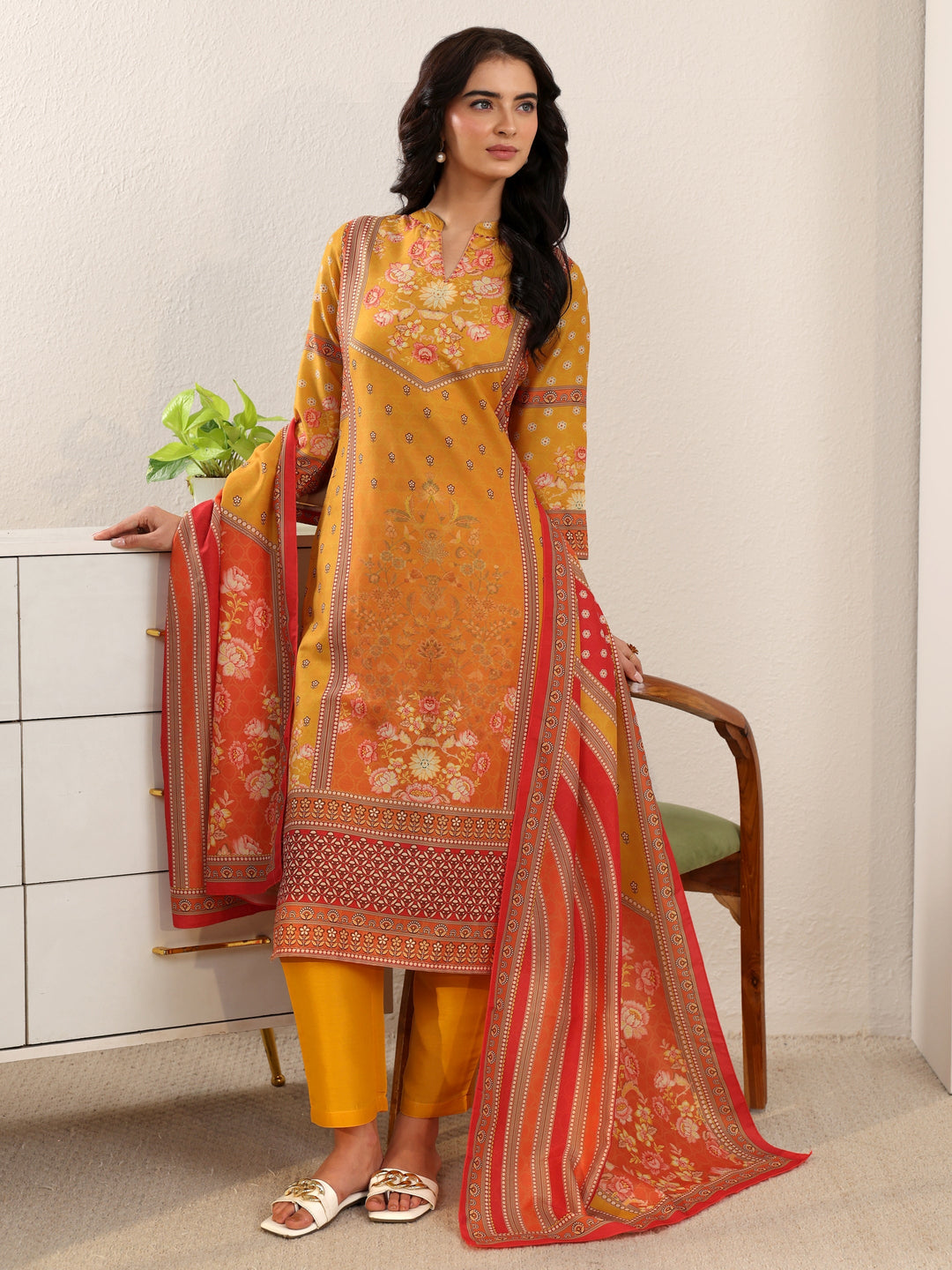 Libas Mustard Floral Printed Muslin Straight Suit Set