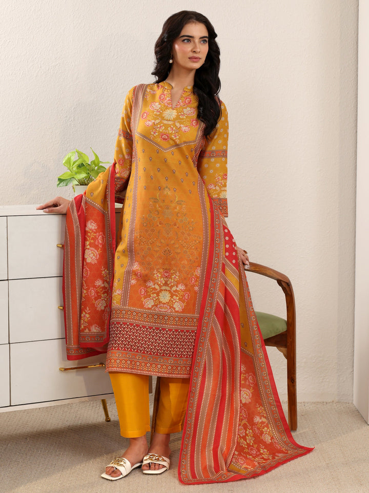 Libas Mustard Floral Printed Muslin Straight Suit Set