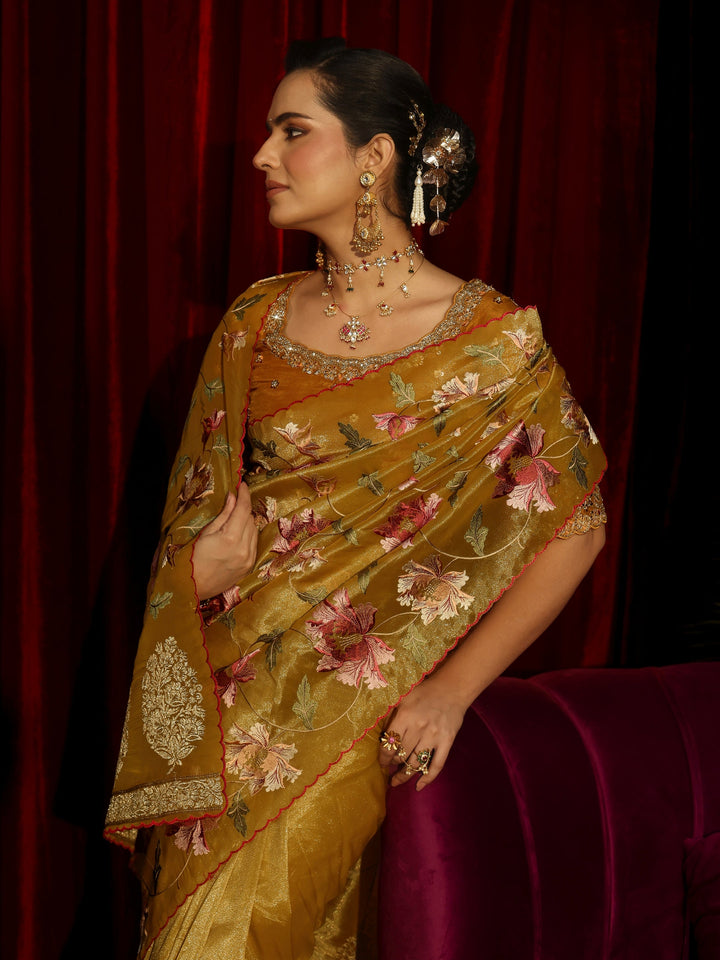 Libas Mustard Floral Printed Organza Saree
