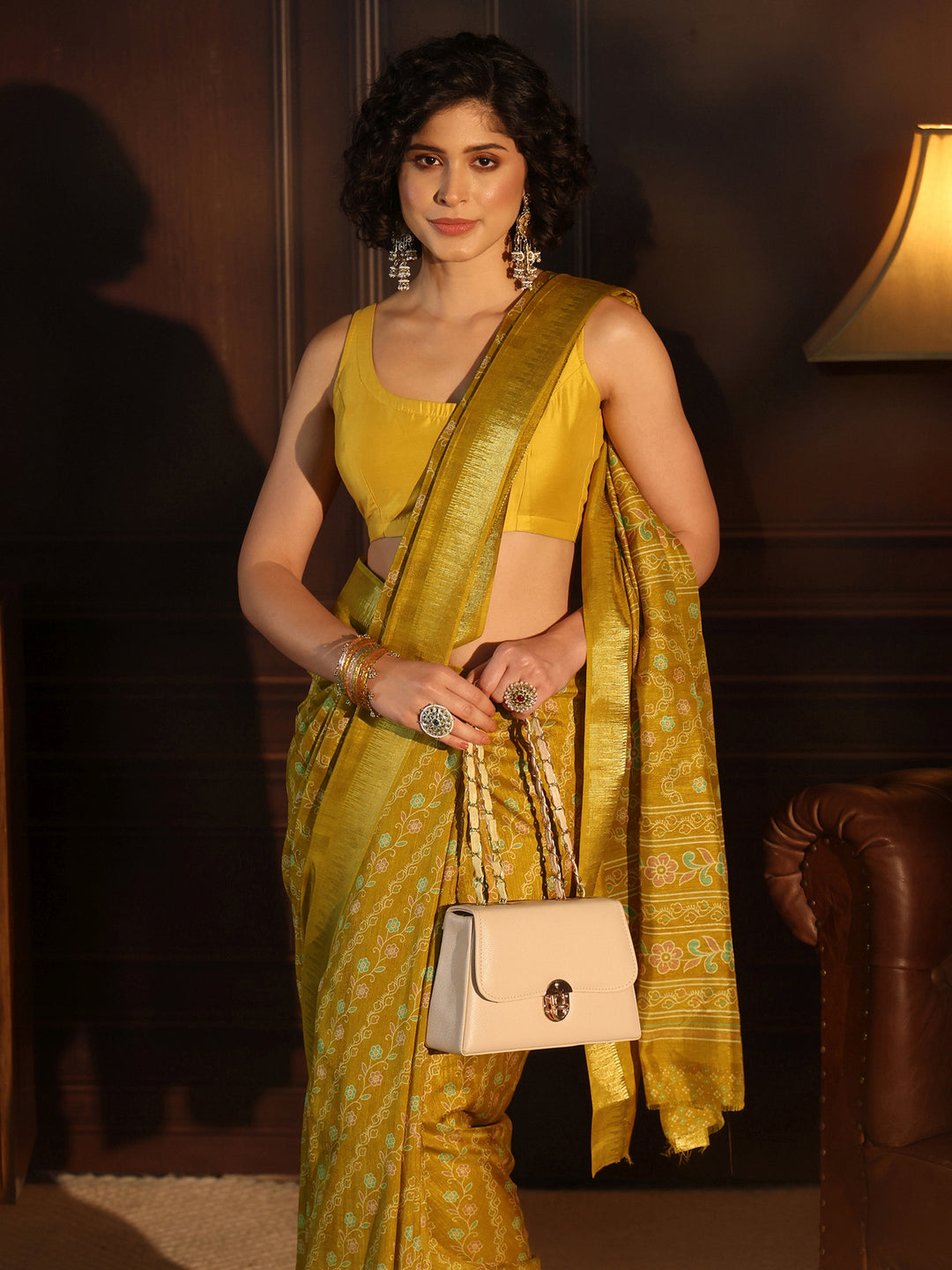 Libas Mustard Floral Printed Silk Blend Saree