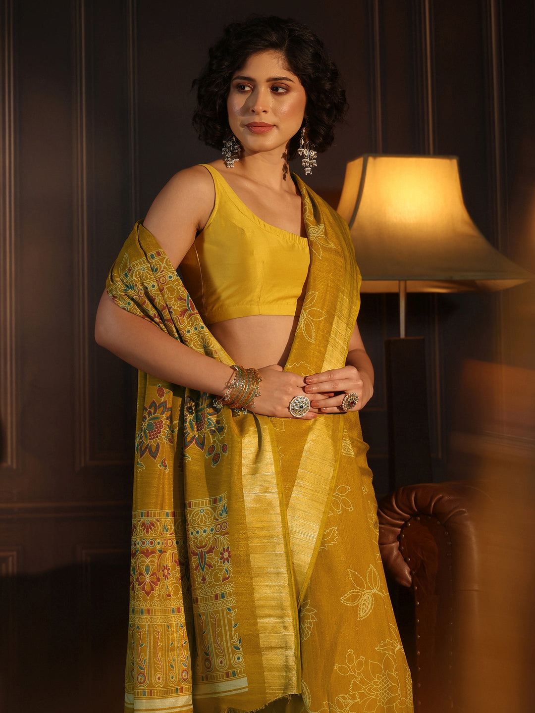 Libas Mustard Floral Printed Silk Blend Saree