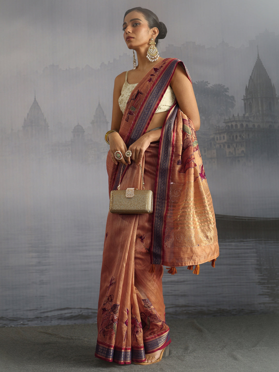 Libas Mustard Floral Printed Silk Blend Tassel Saree