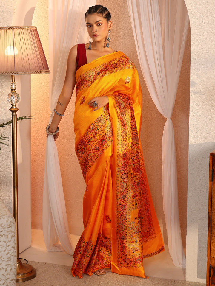 Libas Mustard Floral Printed Silk Saree