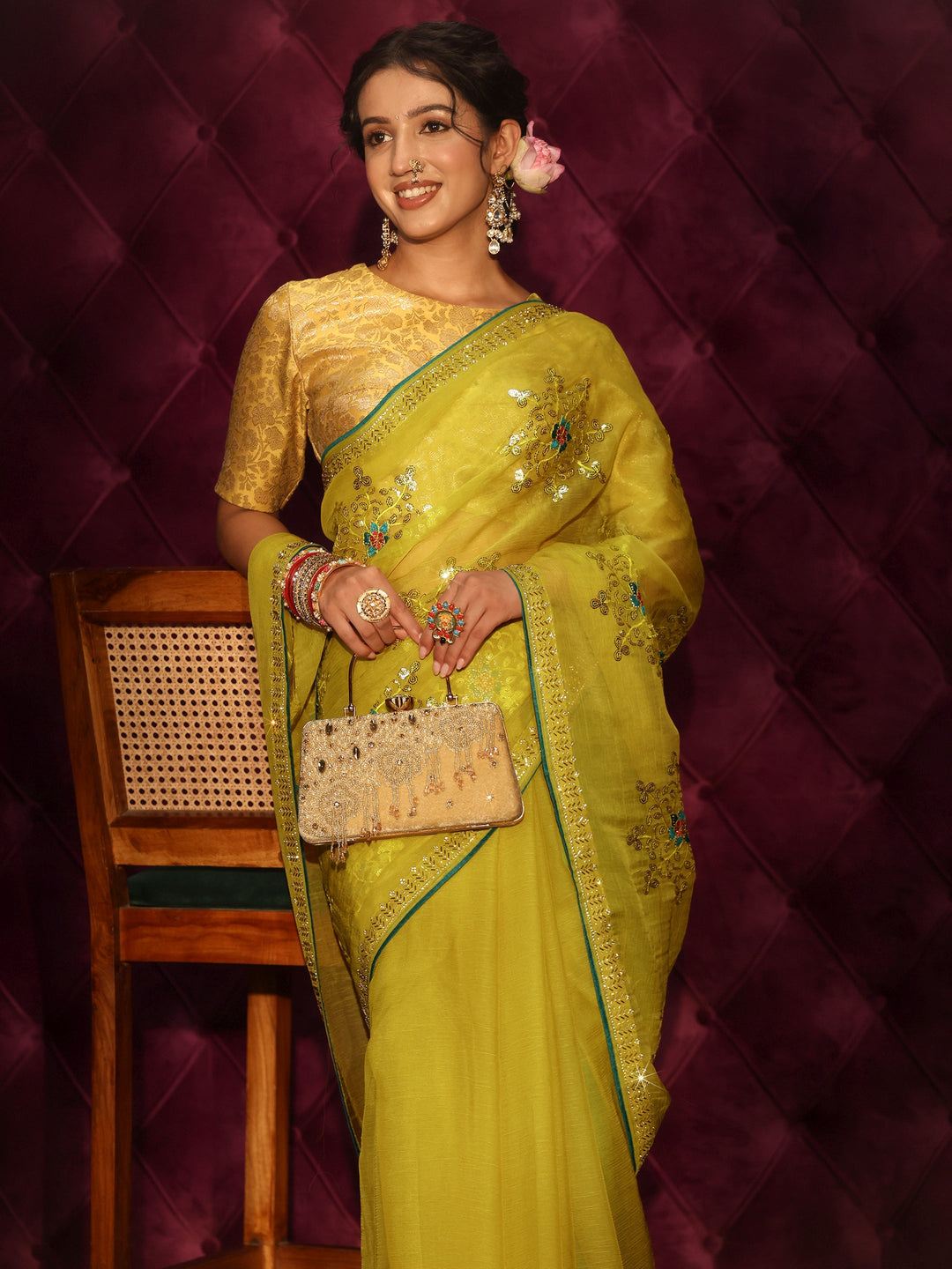 Libas Mustard Floral Sequin Embellished Organza Saree
