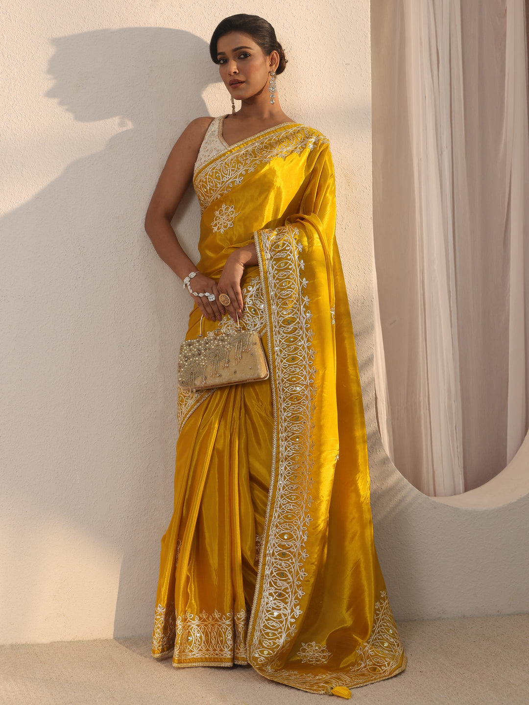 Libas Mustard Floral Sequin Embellished Satin Saree